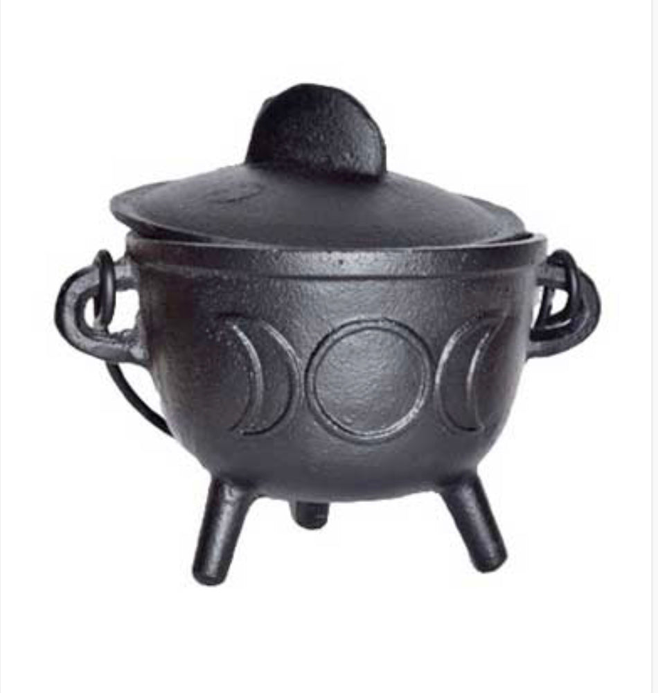 5" Cast Iron Cauldron W/ Lid Triple Moon