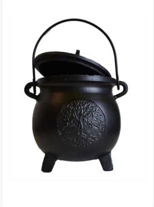 6" Tree Of Life Cast Iron Cauldron W/ Lid