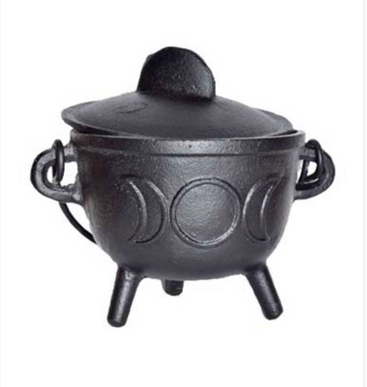 5" Cast Iron Cauldron W/ Lid Triple Moon